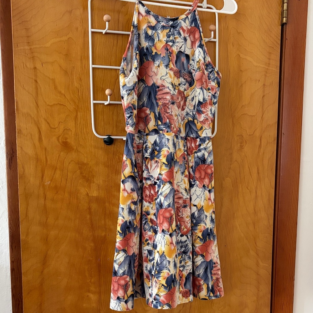Umbra Floral Halter Midi Dress in Coral, Navy & Yellow